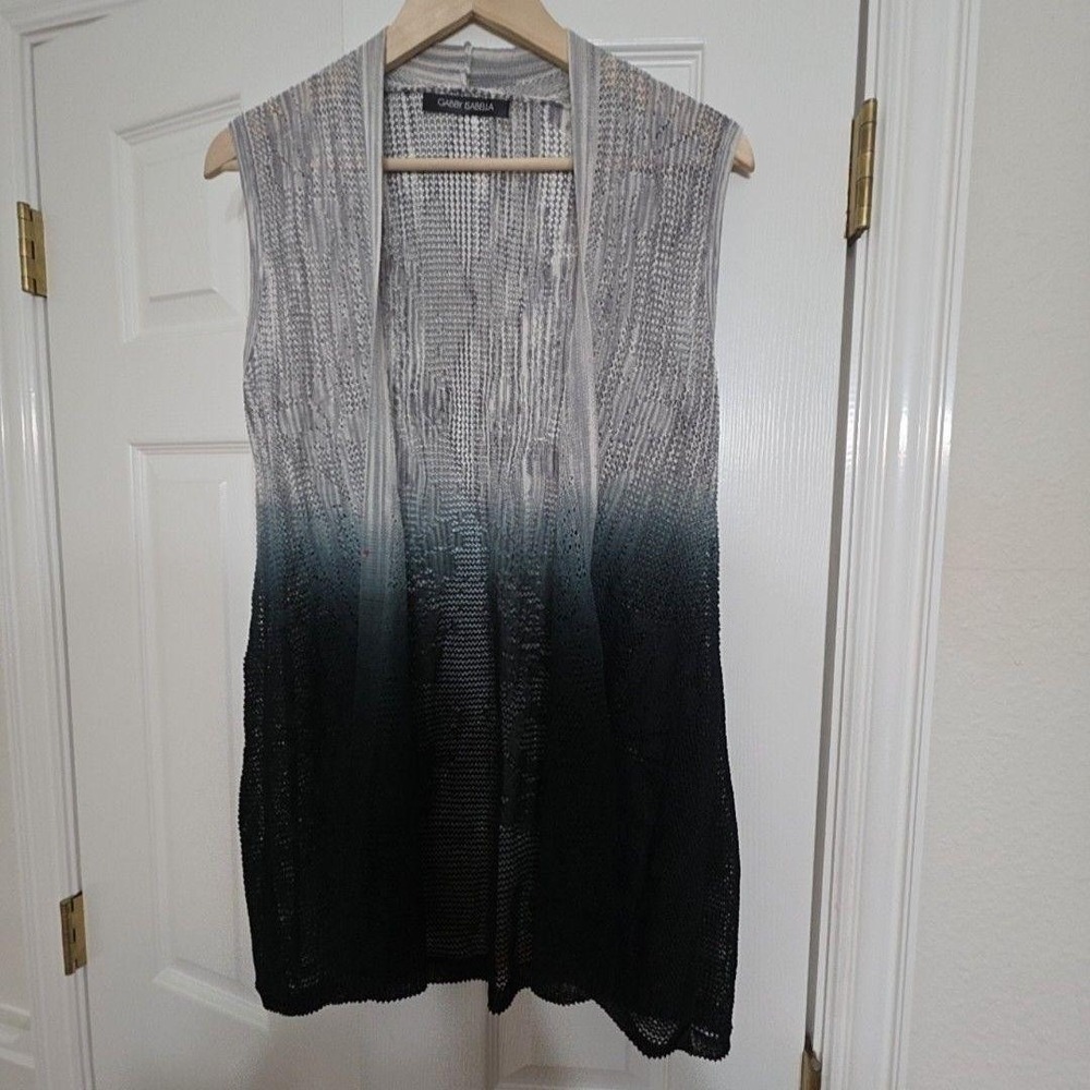 Gabby Isabella Vest Womens L Gray Open Knit Ombre Longline Lightweight Sweater